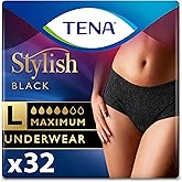 Tena Stylish Black Incontinence Underwear for Women, Maximum Absorbency, Large, 32 ct (2 Packs of 16)