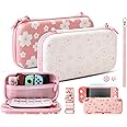 HYPERCASE Pink Sakura Carrying Case for Nintendo Switch Lite, Girly Accessories Bundle kit with Switch Lite Protective Cover, HD Screen Protector, 2 Cute Thumb Caps, Hand Strap & Shoulder Strap