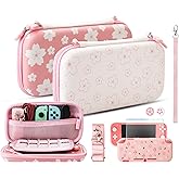 HYPERCASE Pink Sakura Carrying Case for Nintendo Switch Lite, Girly Accessories Bundle kit with Switch Lite Protective Cover, HD Screen Protector, 2 Cute Thumb Caps, Hand Strap & Shoulder Strap