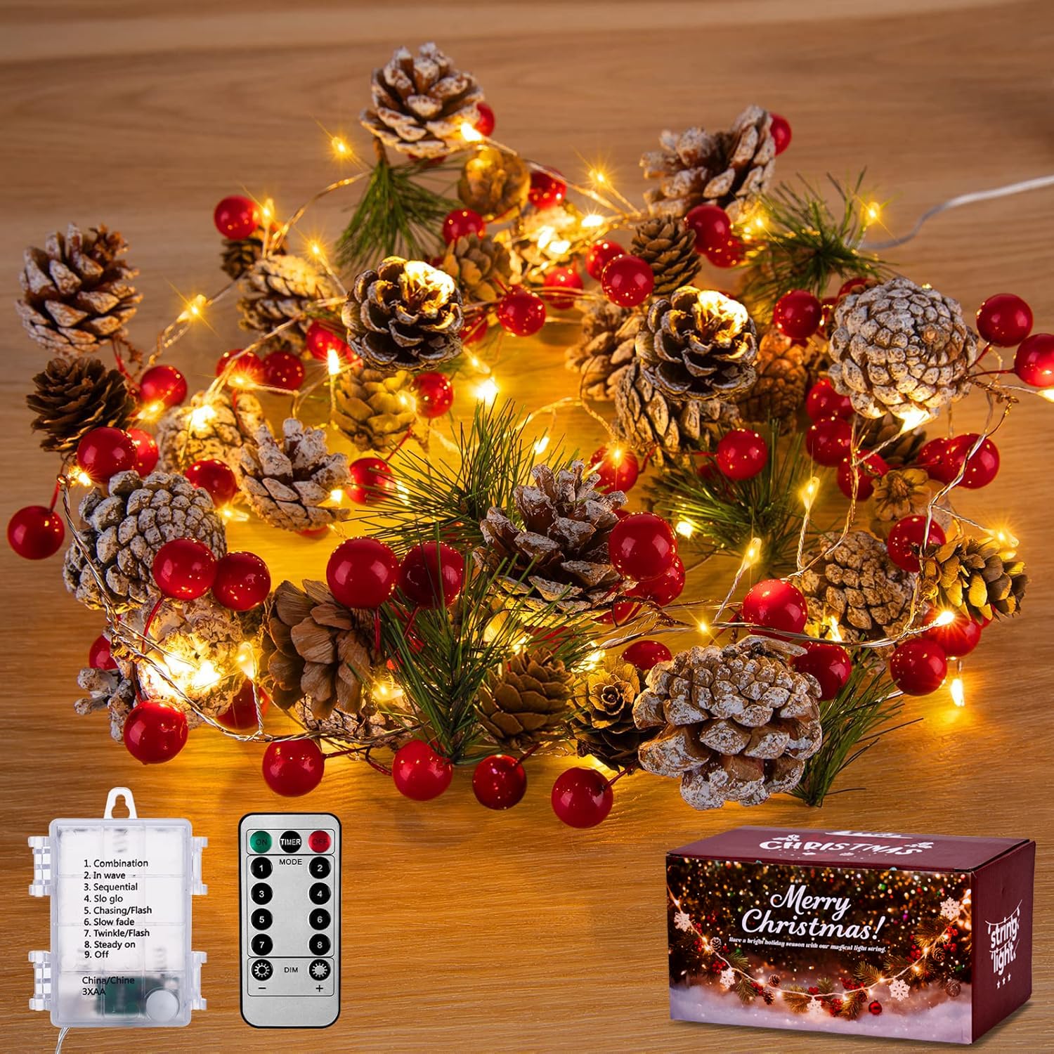 Photo 1 of 10Ft Christmas Garland with Lights, 30 LED String Lights Warm White with Pinecone & Red Berries, 2 Lighting Modes Battery Operated, Christmas Decor for Fireplace, Mantle, Stairs, Tree (10Ft 30LED)