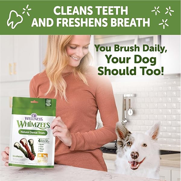 WELLNESS WHIMZEES BRUSHZEES DOG DENTAL TREATS, NATURAL CHEWS, MEDIUM SIZE STICK, (12 COUNT)