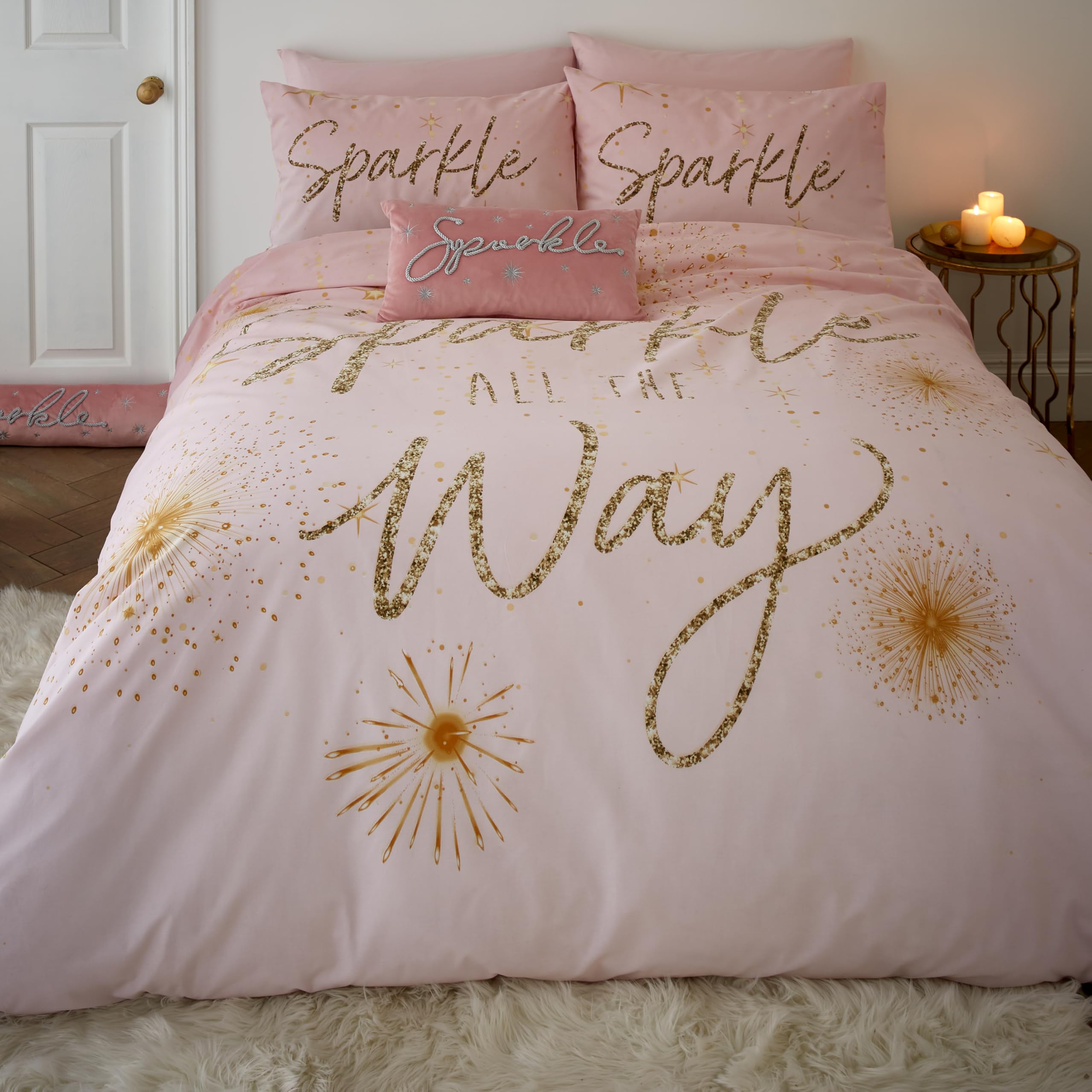 Catherine Lansfield Christmas Sparkle Reversible Double Duvet Cover Set with Pillowcases Blush Pink
