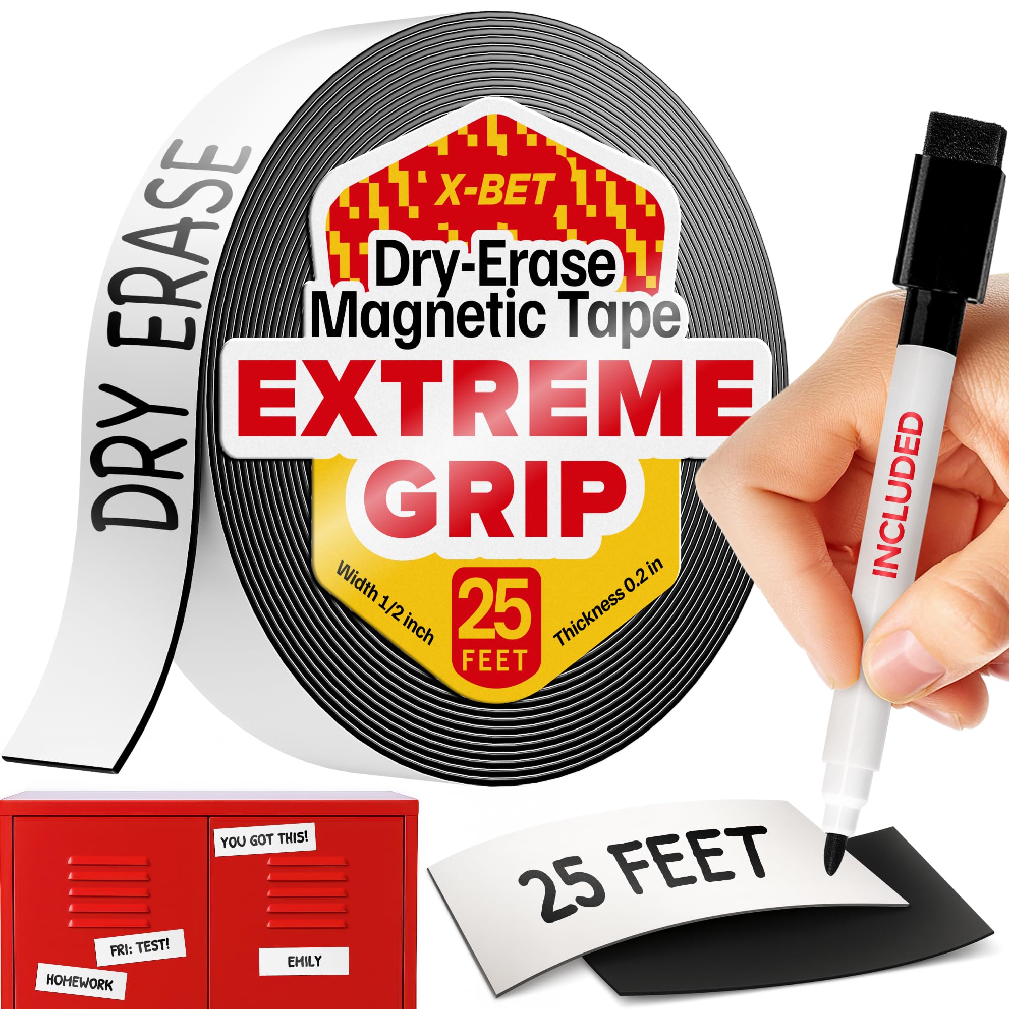 Dry Erase Magnetic Strips - 2,5cm x 7,6m Magnetic Tape Roll - Blank Write On Magnets - Sticky Labels and Stickers - Writable Flexible Magnet Sheet for Whiteboards, Refrigerator and Crafts