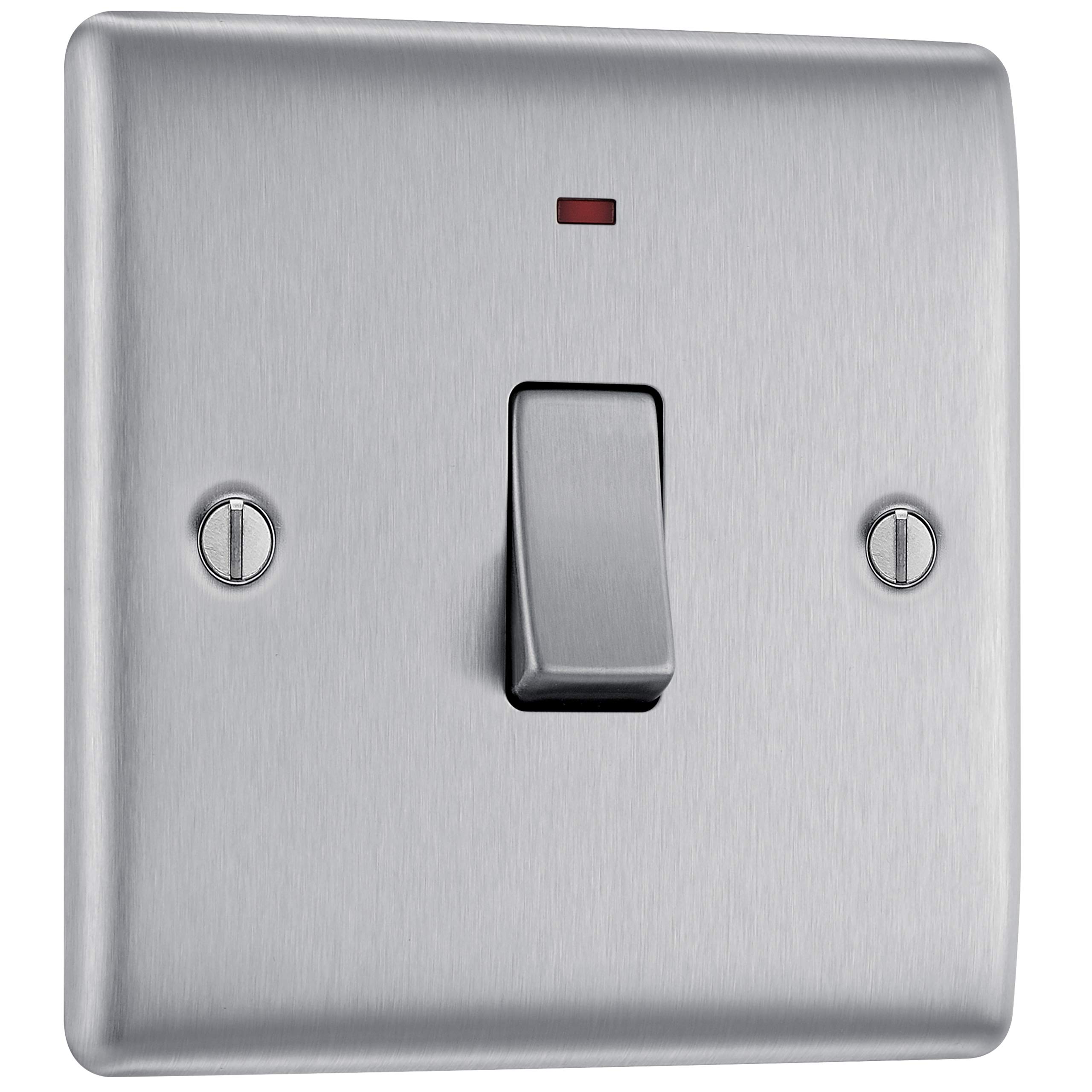 BG Electrical Single Wall Switch with LED Power Indicator, Double Pole, Raised and Slim Profile, Round Edges, Nexus Metal, Brushed Steel, 20A, NBS31