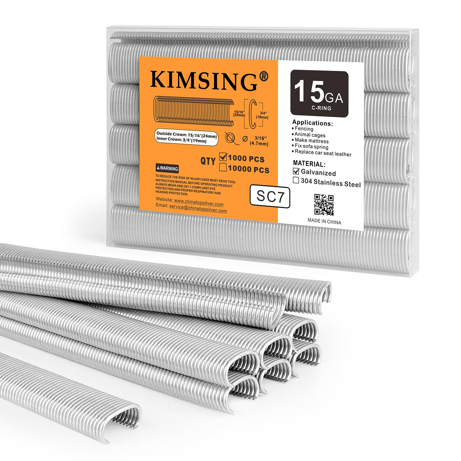 Kimsing SC7 15 Gauge 3/4'' Crown C Ring Staples C-Rings Hog Rings, Wire Fencing Staples, Fasteners for C Ring Gun, Hog Ring Tool, C Ring Plier, 1000 PCS/Pack
