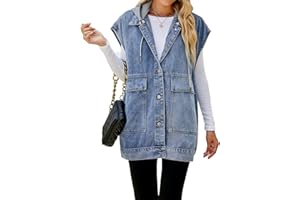 Sexyshine Women's Denim Jean Vest Oversized Sleeveless Lapel Button Down Mid Long Denim Jacket Waistcoat with Pockets