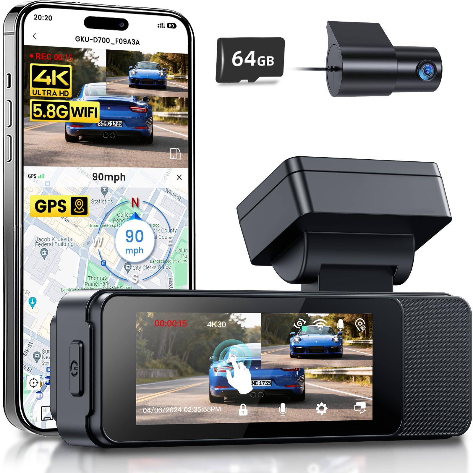 GKU 4K Dash Cam Front and Rear, 5Ghz Wi-Fi Dashcam with 3.18'' Touchscreen, GPS, Dual Car Camera Dash Cam with 64GB SD Card,Super Night Vision,WDR,Parking Monitor,G-sensor,Loop Recording,Max 512GB
