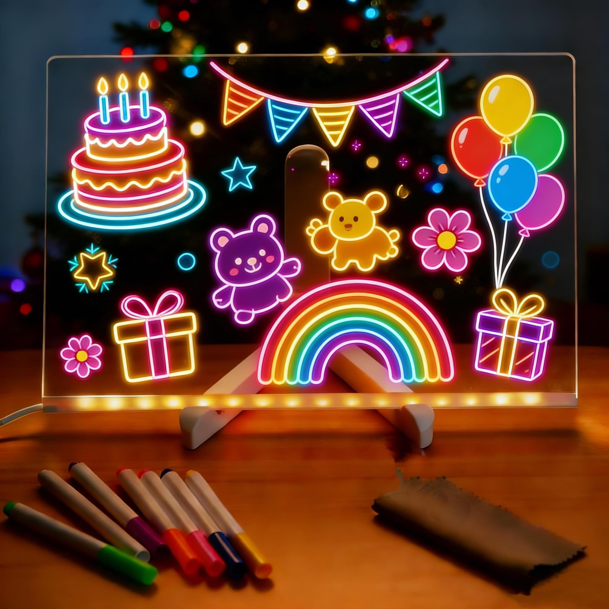 LED Note Board with 7 Colors Pens for Kid 30×20cm Light Up Acrylic Message Boards Drawing Dry Erase Noteboard Neon Glow Memo Writing Board with Stand for Children Gift Back to School