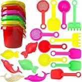 The Dreidel Company Mini Beach Day Playsets 6-Pack 3.25" Sand Bucket Play Set Box Includes, Pail, Shovel, Rake, Sifter Scoop, Dolphin Fish Sand Trays Toy for Boys and Girls Birthday Party Favor