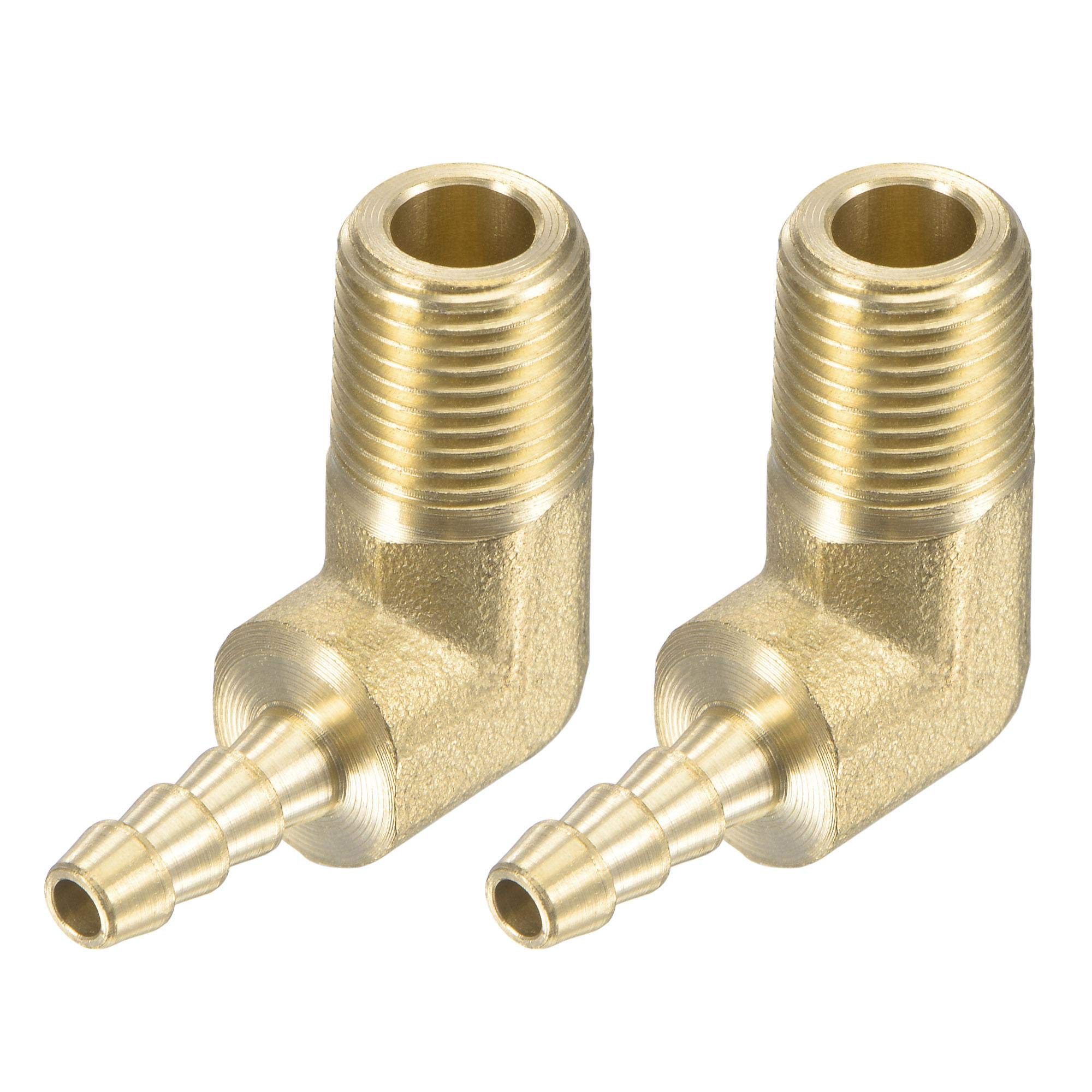 sourcing map Brass Hose Barb Fitting Elbow 3/16 Inch x 1/8 NPT Male Thread Right Angle Pipe Connector, Pack of 2