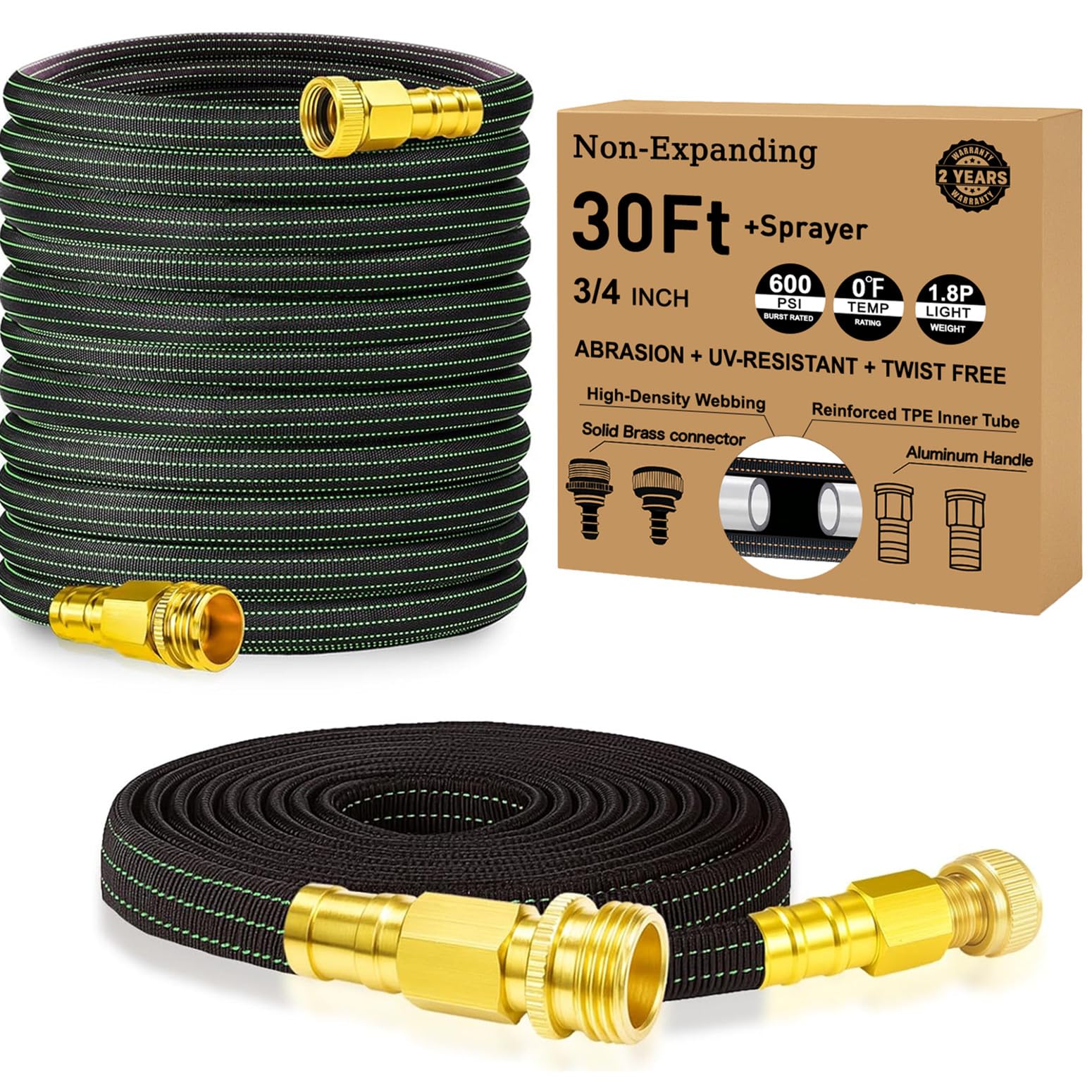 Photo 1 of 30FT Lightweight Garden Hose,Flexible Water Hose with Solid Brass Head,Kink-Free,Collapsible Hose,High Pressure Flat Water Hose for RV,Boat,Car Wash,Garden,Yard,Camper (GreenBlack, 30FT+Nozzle)