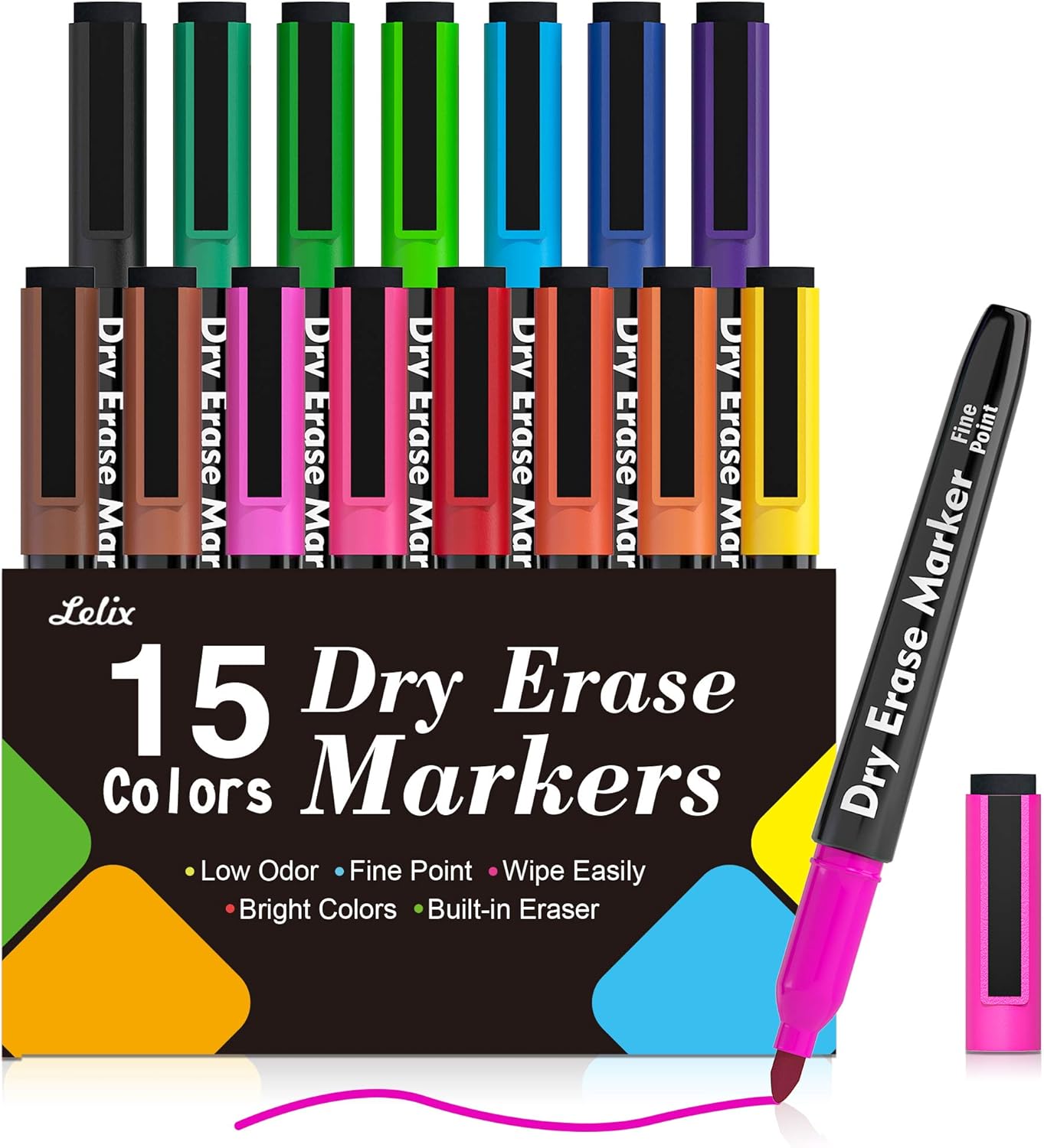 Lelix 15 Colors Dry Erase Markers, Whiteboard