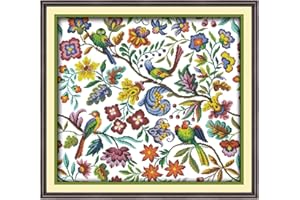 CaptainCrafts Cross Stitch Kits, Counted Cross Stitch No pre-printed Fabric Cross Stitching DIY Art DMC Needlecrafts Embroidery Kit for Adults Beginner (White, Birds' Twitter and Fragrance of Flowers)