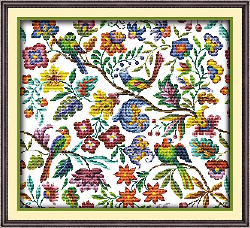 CaptainCrafts Cross Stitch Kits, Stamped Cross Stitch Preprinted Fabric DIY Art Embroidery Kits (Preprinted 11CT, Birds' Twitter and Fragrance of Flowers)
