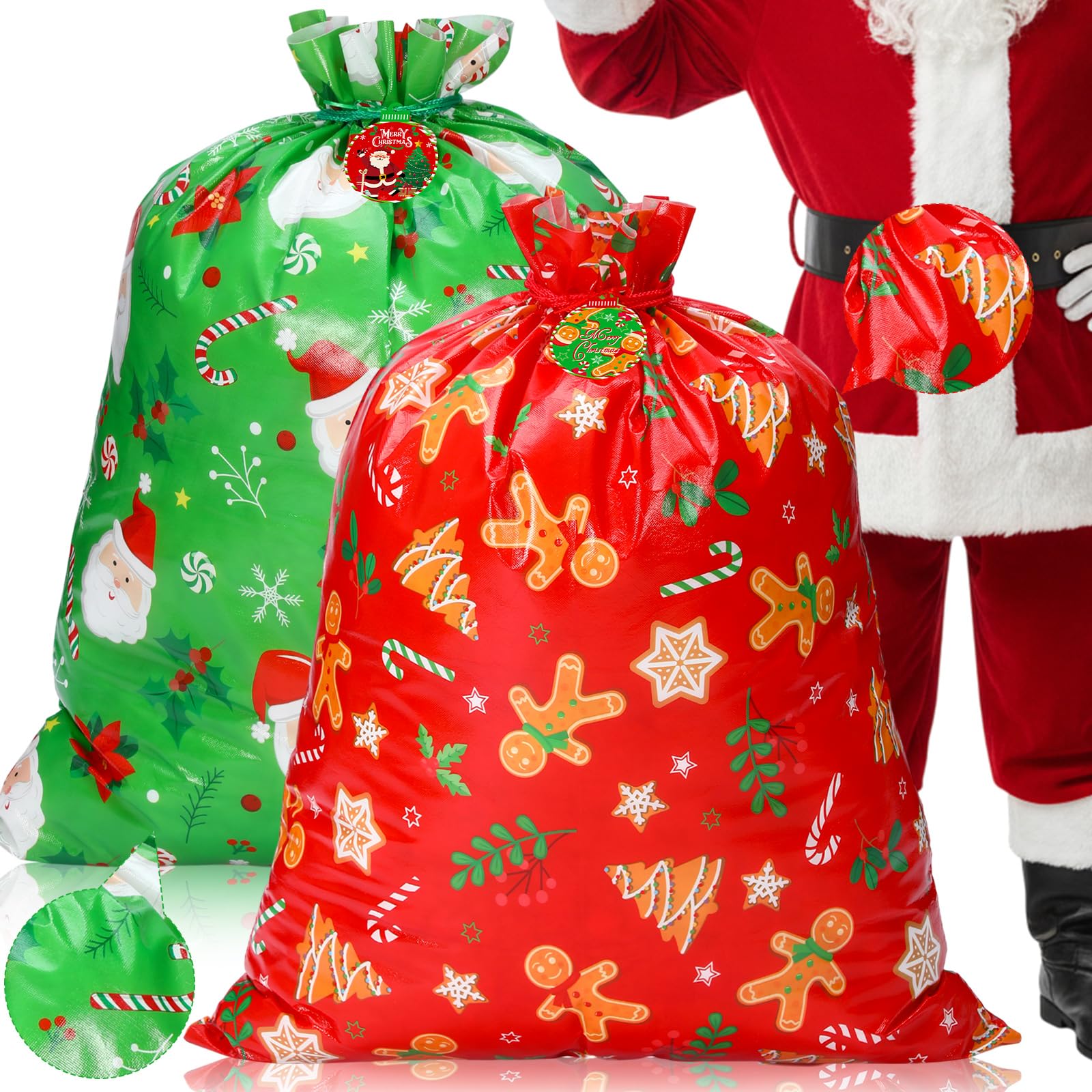 Photo 1 of Hillban 2 Pcs Extra Large Christmas Drawstring Gift Bags with Cards 39'' x 32'' Non Woven Thick Holiday Grocery Bags Jumbo Red and Green Santa Backpacks for Xmas Game Party Supplies