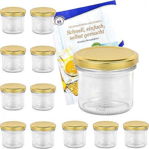 Set of 12 glass jars 125 ml, selectable lid cover Gold Amazon.co.uk
