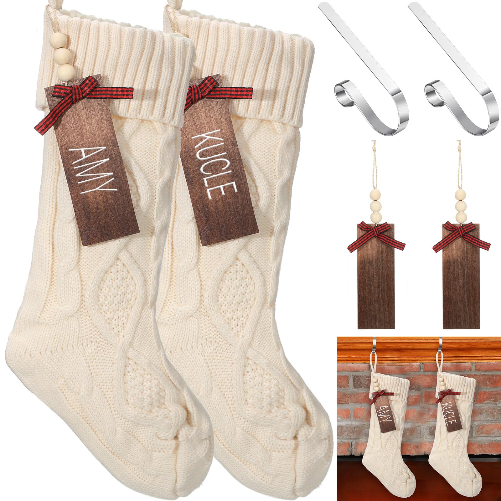 View 1 of 2 Sets Christmas Stockings Xmas Knitted Stockings Kit 18 inch Large Knit Xmas Stocking Metal Stocking Holder and Name Tags with Marker Pen for Family Holiday Xmas Party Fireplace Mantel Decor (Ivory)