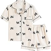 Vopmocld Big Girls Button Down Sleepwear Short Sleeve With Shorts 2PCS Pajama Sets Casual Lapel Loungewear Patterns Printed