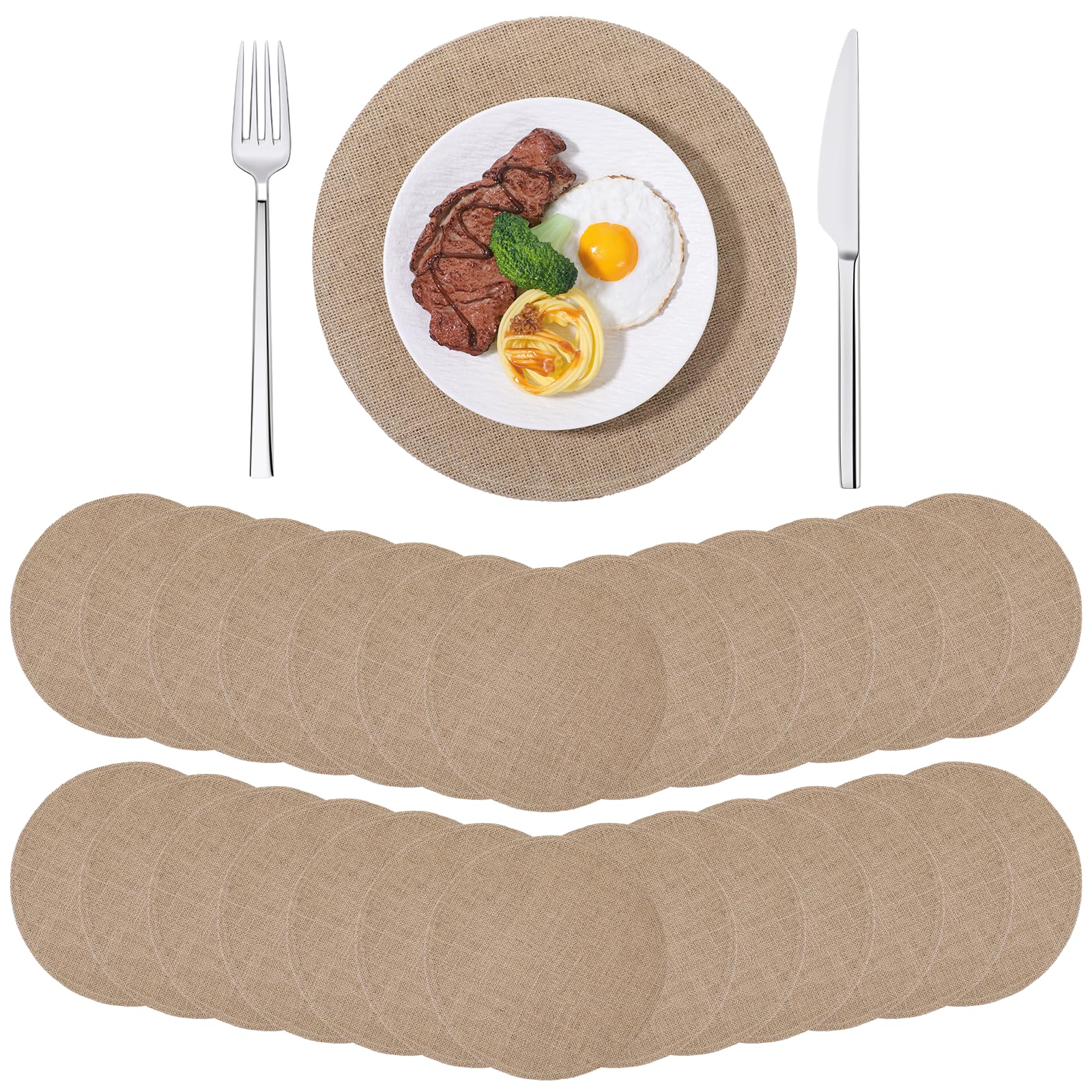 Photo 1 of ***PLACEMATS ONLY -RUNNER NOT INCLUDED*** 48 Pieces Burlap Round Placemats Bulk, Burlap Round Rustic Placemats Reusable Brown Heat Resistant Table Mats Charger Place Mats for Wedding Dinner Holiday Supplies (11.8 Inches)