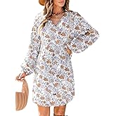 Dokotoo Women's V Neck Floral Embroidered Lace Trim Mini Dress Long Peasant Sleeves Flowy Dress Fall Dresses