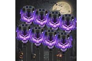 SPRKLINLIN Solar Halloween Decorations Outdoor, 8 Pack Spooky Skulls Solar Torch Flame Lights, Waterproof Pathway Halloween Lights for Garden, Yard, Lawn, Porch, Landscape Decor, Purple