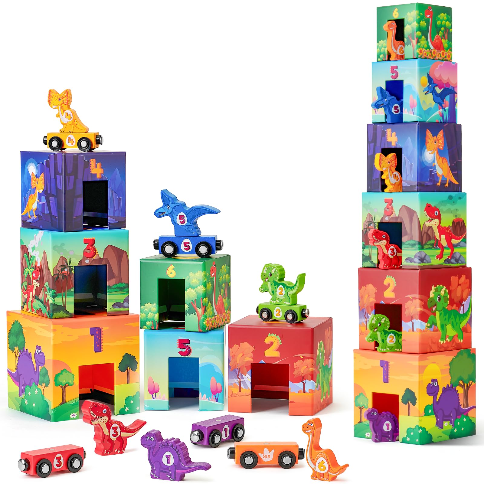 Atoylink Toddler Dinosaur Sorting and Stacking Toys with Magnetic Wooden Dinosaur Train Set, Baby Number Blocks Nesting Boxes Preschool Learning Montessori Toys for 1 2 3 Year Old Boys Girls Gift