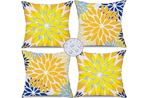 DFXSZ Yellow Blue Flower Pillow Covers 18x18 Inch Set of 4 White Blue Colored Throw Pillows Outdoor Waterproof Decor for Living Room Sofa Patio Funiture Garden Floral Linen Cushion Case 008A