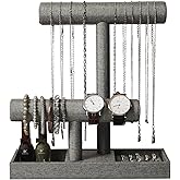 Coward 2 Tier Necklace Bracelet Holder Organizer with Ring Tray, Linen Jewelry Display Stand for Watch Scrunchie Lipstick, Perfumes,Nail polish (Gray Linen)