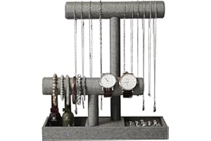 Coward 2 Tier Necklace Bracelet Holder Organizer with Ring Tray, Linen Jewelry Display Stand for Watch Scrunchie Lipstick, Perfumes,Nail polish (Gray Linen)