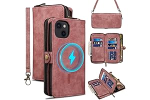 Rssviss Wallet Case for iPhone 14 Case Crossbody with Card Holder Wrist Strap, Flip Zipper Case Compatible with Magsafe, RFID Blocking Purse Cover for iPhone 14 Women Men 6.1 inch Pink