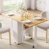 LotFun Folding Dining Table, White | Space-Saving Dining Table with 6 Rolling Wheels and 2-Tier Storage Shelf, Kitchen Table for Small Spaces