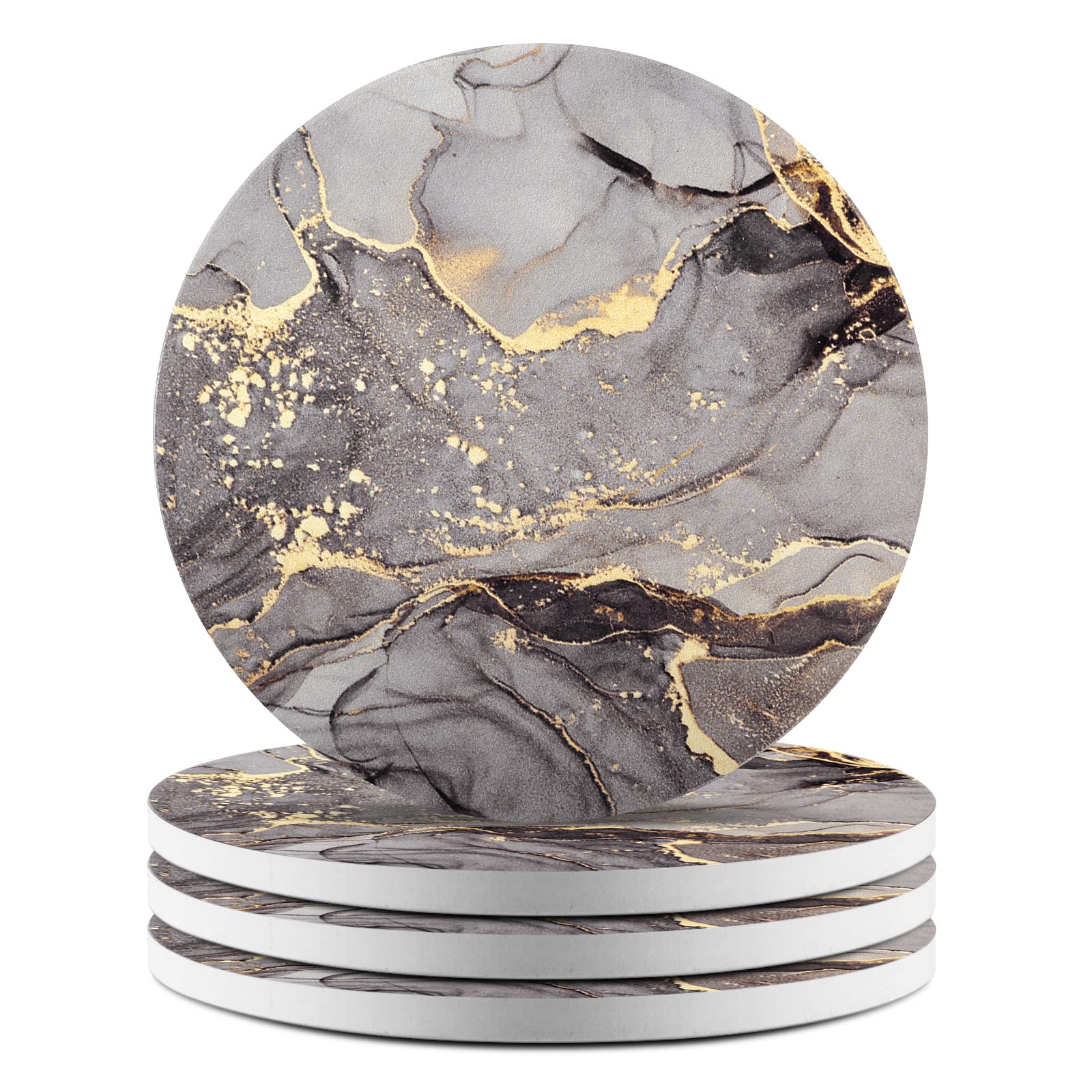 HAOCOO Coasters Set of 4, Absorbent Stone Coaster Set, Round Coasters for Drink, Non-Slip Cork Base with Ceramic Stone, Suitable for Kinds of Cups (Lilac grey)