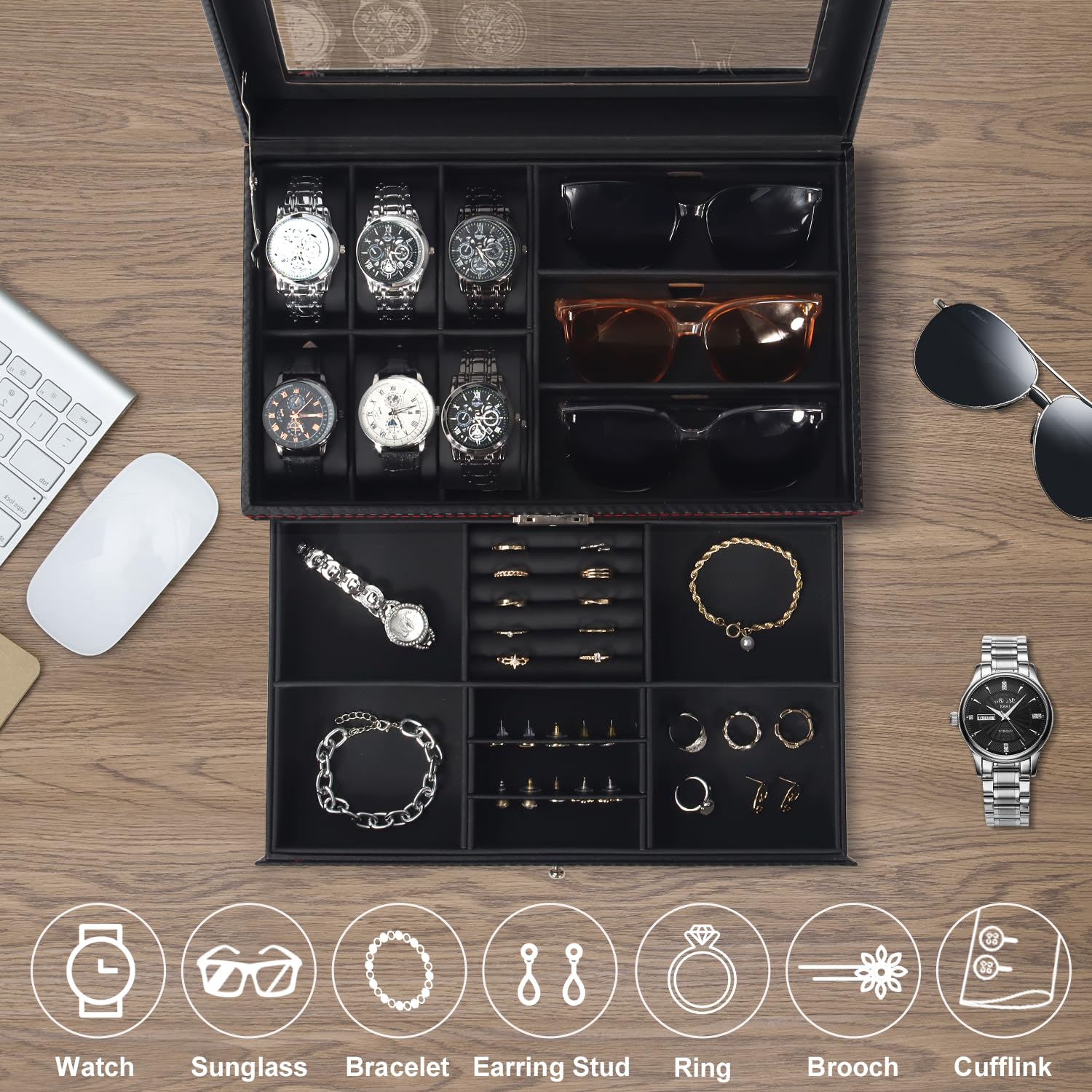 Watch Box, Leather Mens Jewelry Box With 6 Slot Watch Case & 3 Slot Sunglasses Organizer, 2 Layers Lockable Watch Holder Organizer With Glass Lid For Earrings, Rings, Bracelets, Gifts for Men