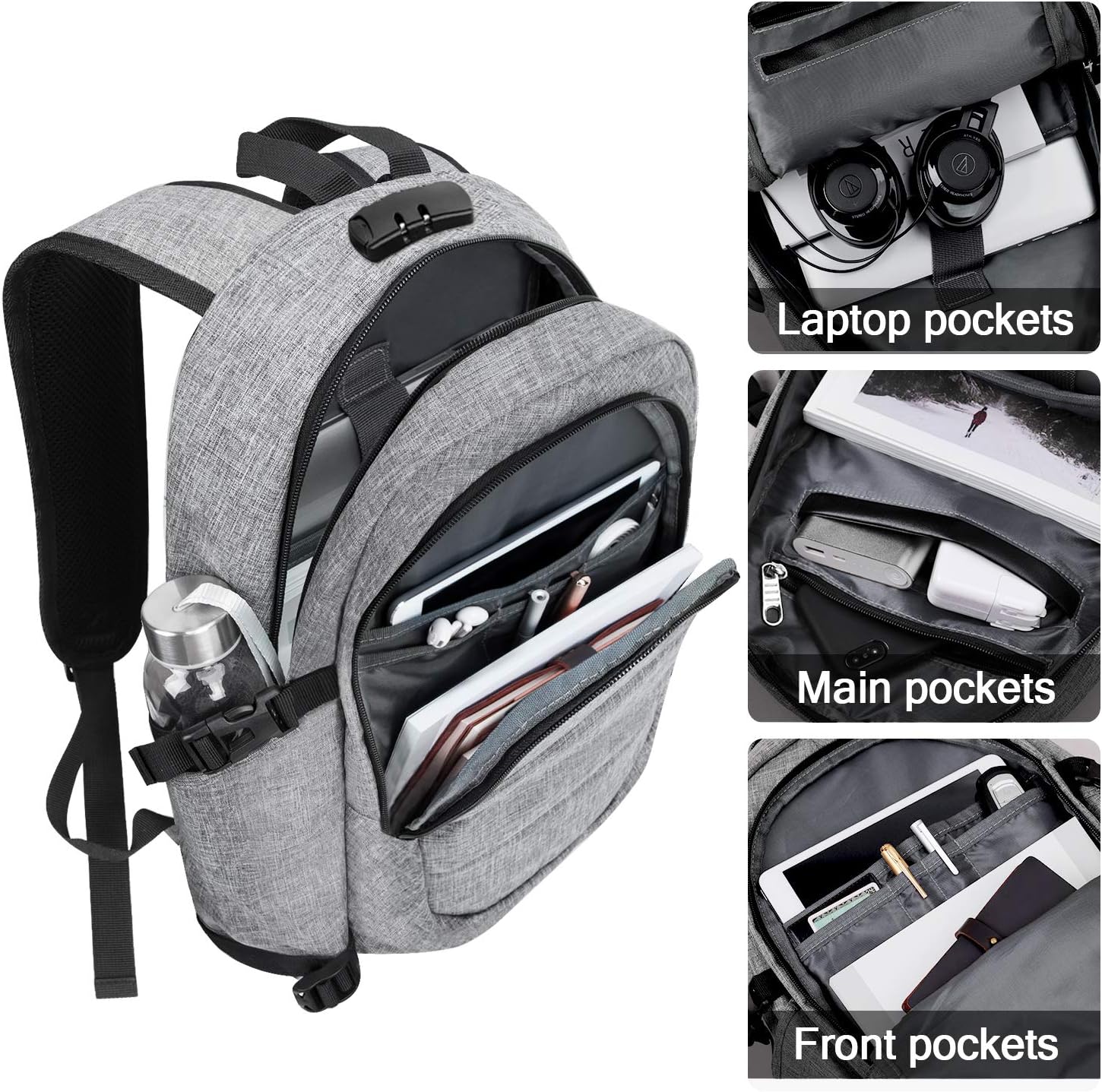 Travel Laptop Backpack, AMBOR 15.6-17.3 Inch Anti Theft Business Backpack with USB Charging Port and Headphone Interface,Large Computer Backpack School Daypack Backpack for Women and Men-Grey: Computers & Accessories