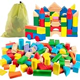 Right Track Toys Wooden Blocks - 100 Pc Wood Building Block Set with Carrying Bag (Rainbow Colored)- 100% Real Wood in 7 Colors and 14 Shapes - Stack, Build and Store- Fun Gift, Back to School Project