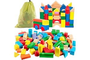 Right Track Toys Wooden Blocks - 100 Pc Wood Building Block Set with Carrying Bag (Rainbow Colored)- 100% Real Wood in 7 Colors and 14 Shapes - Stack, Build and Store- Fun Gift, Back to School Project