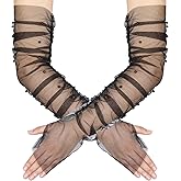 zeasciosd Women's Long Ruched Fingerless Gloves with Pearl Sheer Tulle Mesh Pearl Gloves for Wedding Bridal Opera Party