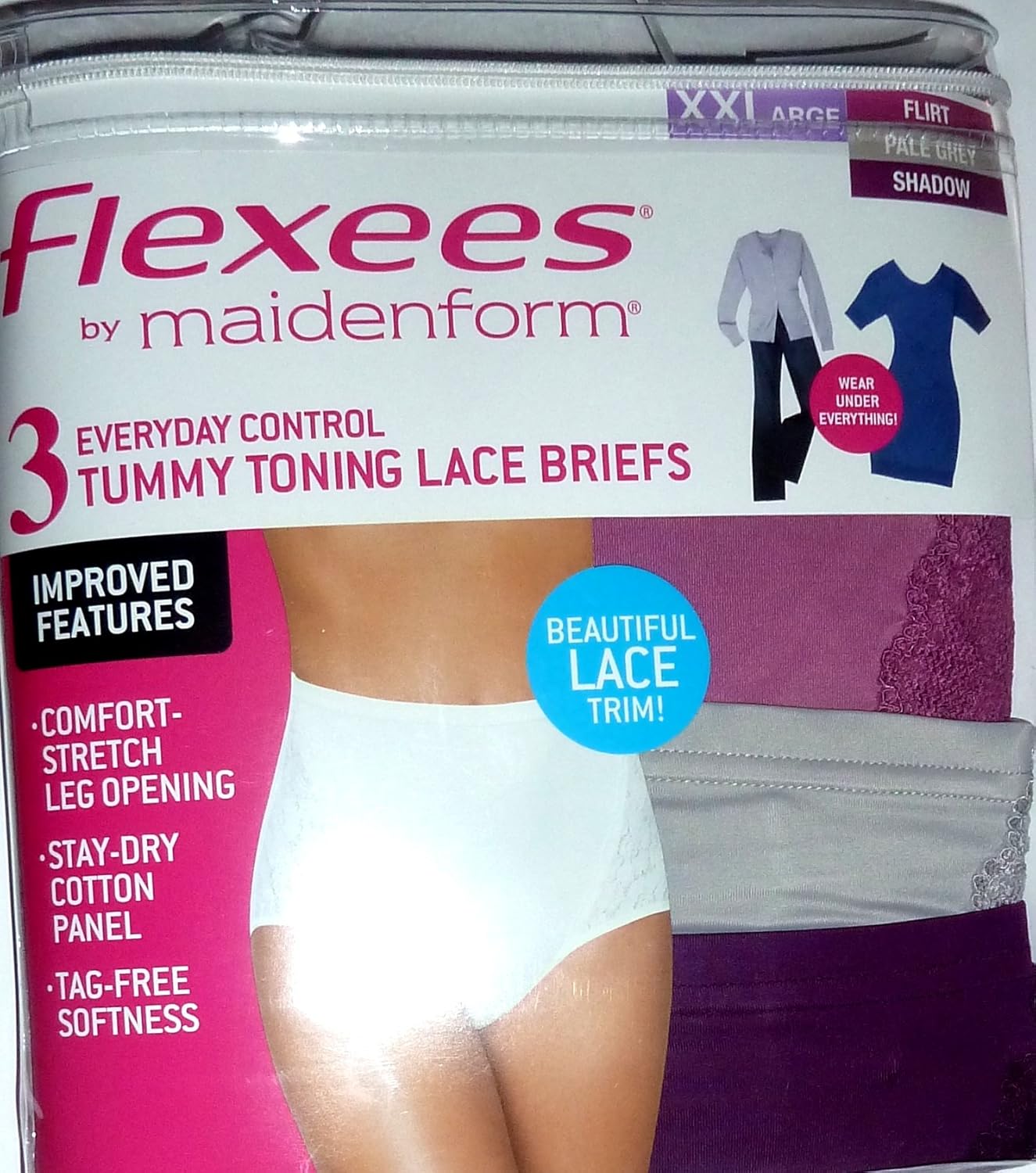 Flexees Shapewear Tummy Toning Lace Briefs (3Pack) (Medium, Flirt