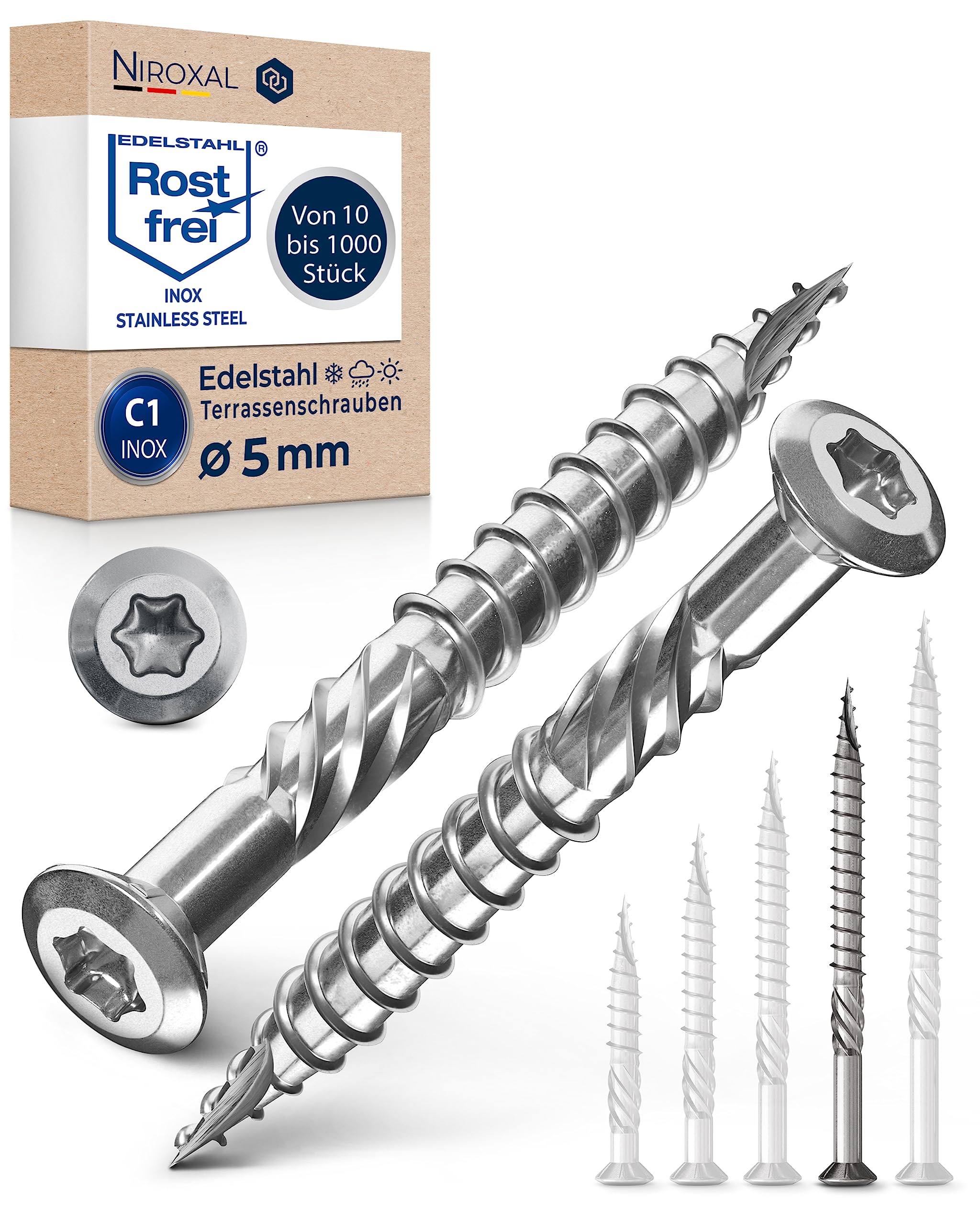 NietFullThings Decking Screws Stainless Steel C1 Wood Screws Torx Drive Deck Screws for Wood Outdoor 5x70 mm Pack of 25