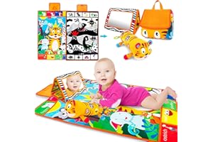 Inbeby Tummy Time Toys,3-in-1 Tummy time Mat & Baby Mirror & Pillow- High Contrast Black and White Baby Toys for Early Education and Development,Newborn Infant Activity Mat Set for 0 3 6 12 Month