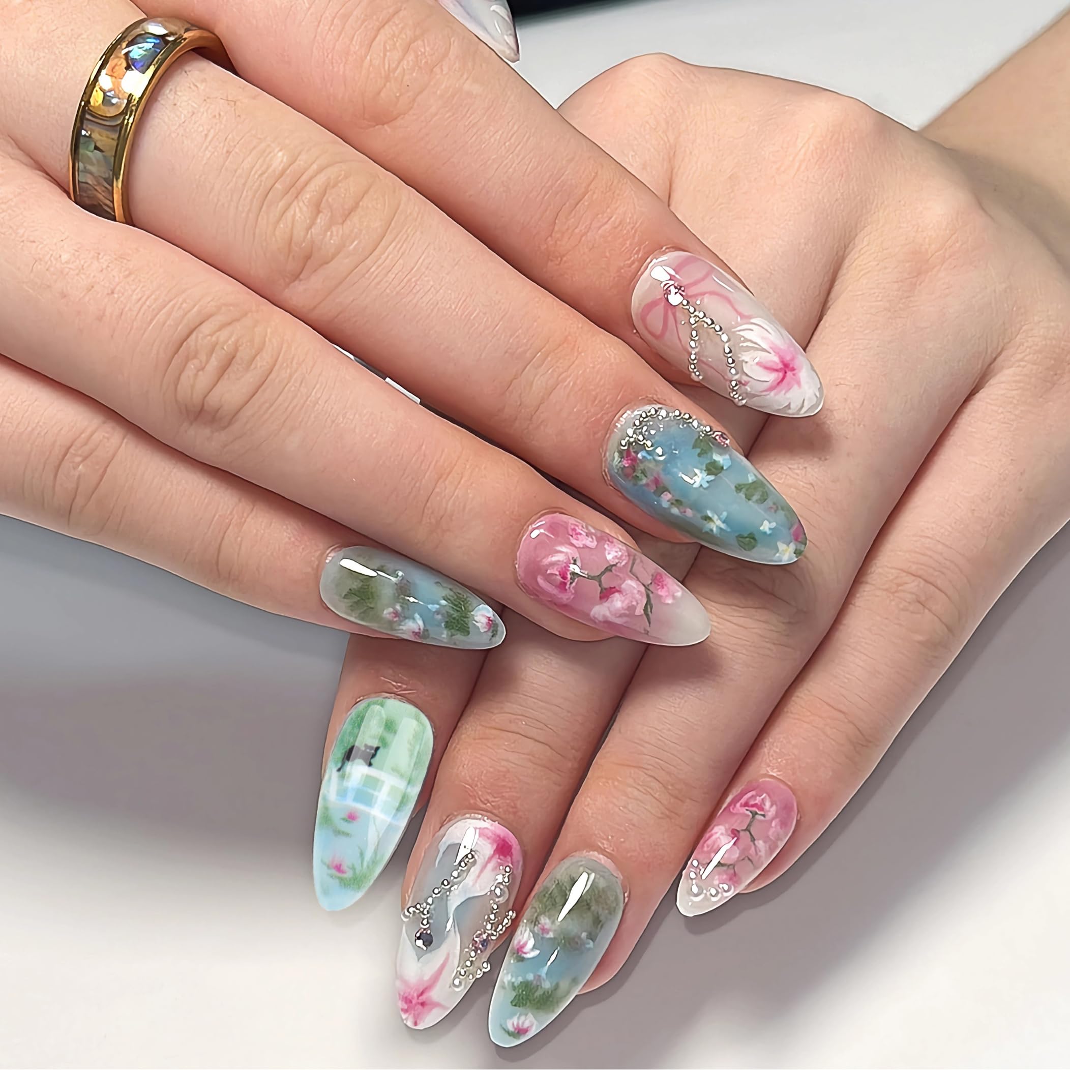 BABALAL Almond Press on Nails Medium Blue Green Fake Nails Bow Glue on Nails Cute Cat Flower Design Acrylic Nails 24Pcs Stiletto Handmade Full Cover False Nails - Image 2