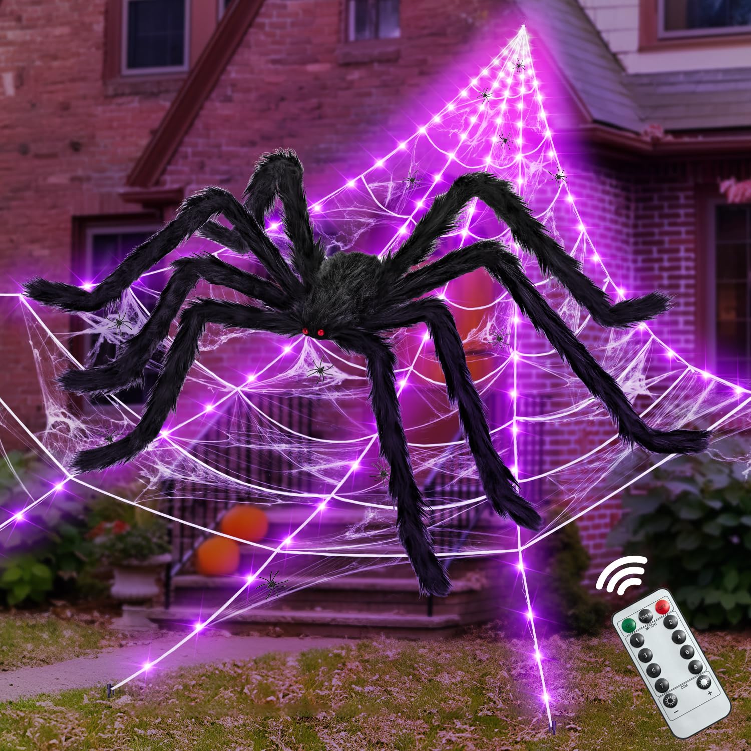 Photo 1 of ININ 200" Halloween Light Up Spider Web with 250 LED Lights,Halloween Decorations Outdoor/Indoor,Scary Party Decorations with 59" Giant Spider & 20g Stretch Cobweb,for Yard/Lawn/Garden(Purple)