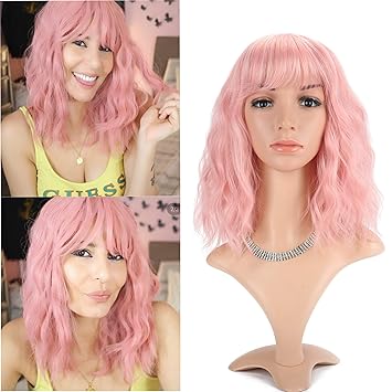 Amazon Com Curly Wavy Wig Short Bob Wigs Bright Pink Women S