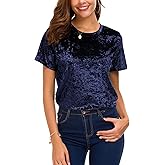 Women's Crew Neck Velvet Top Short Sleeve T-Shirt