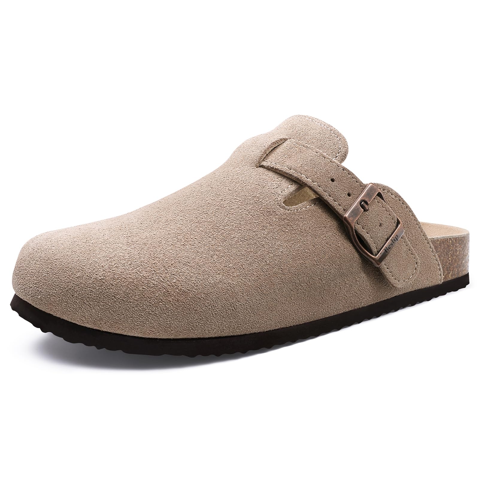 Beslip Wildleder Clog für Damen Weiches Kork Fußbett Leder Pantoletten Komfort Kartoffel Schuhe mit Arch Support, Taupe Frauen Größe 39 EU