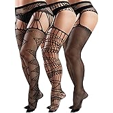 Fourluoo 3 Pairs Plus Size Women Fishnet Stockings Thigh High Stockings Suspender Pantyhose Lingerie Garter Belts Tights High Waist Lace Tights