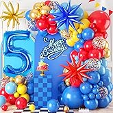 Red Yellow Blue Balloon Garland Arch Kit with Navy Blue 40 Inch Number 5 Balloon, 5th Birthday Decorations for Boy with Star Foil Balloons for 5 Year Old Theme Party Baby Shower Graduation
