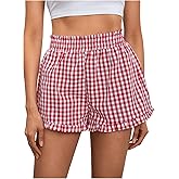 MakeMeChic Women's Gingham Ruffle Lounge Shorts Elastic High Waist Pajamas Boxer Shorts