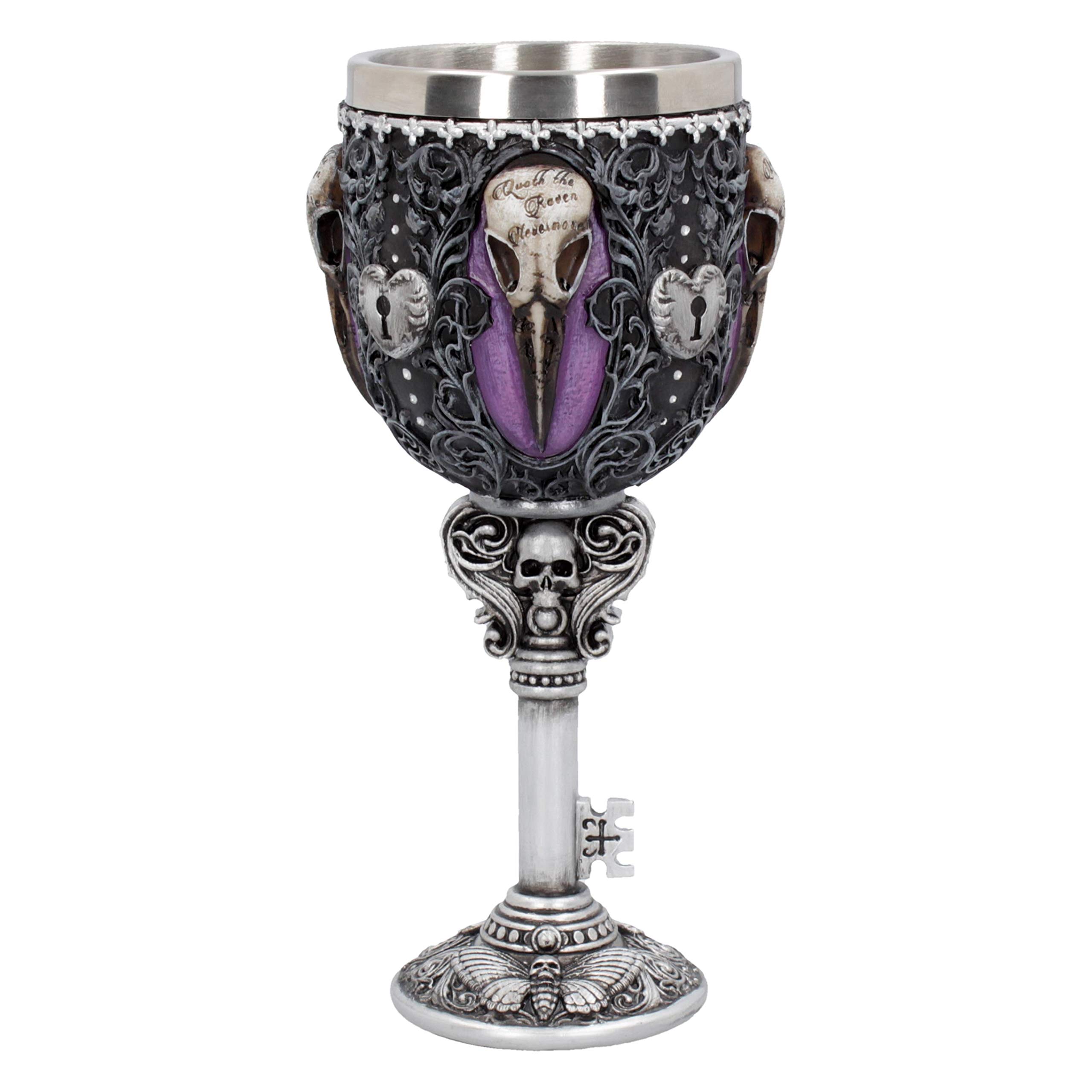 Nemesis Now B4725P9 Edgar's Raven Goblet 18cm, Resin w. Stainless Steel, Purple,silver
