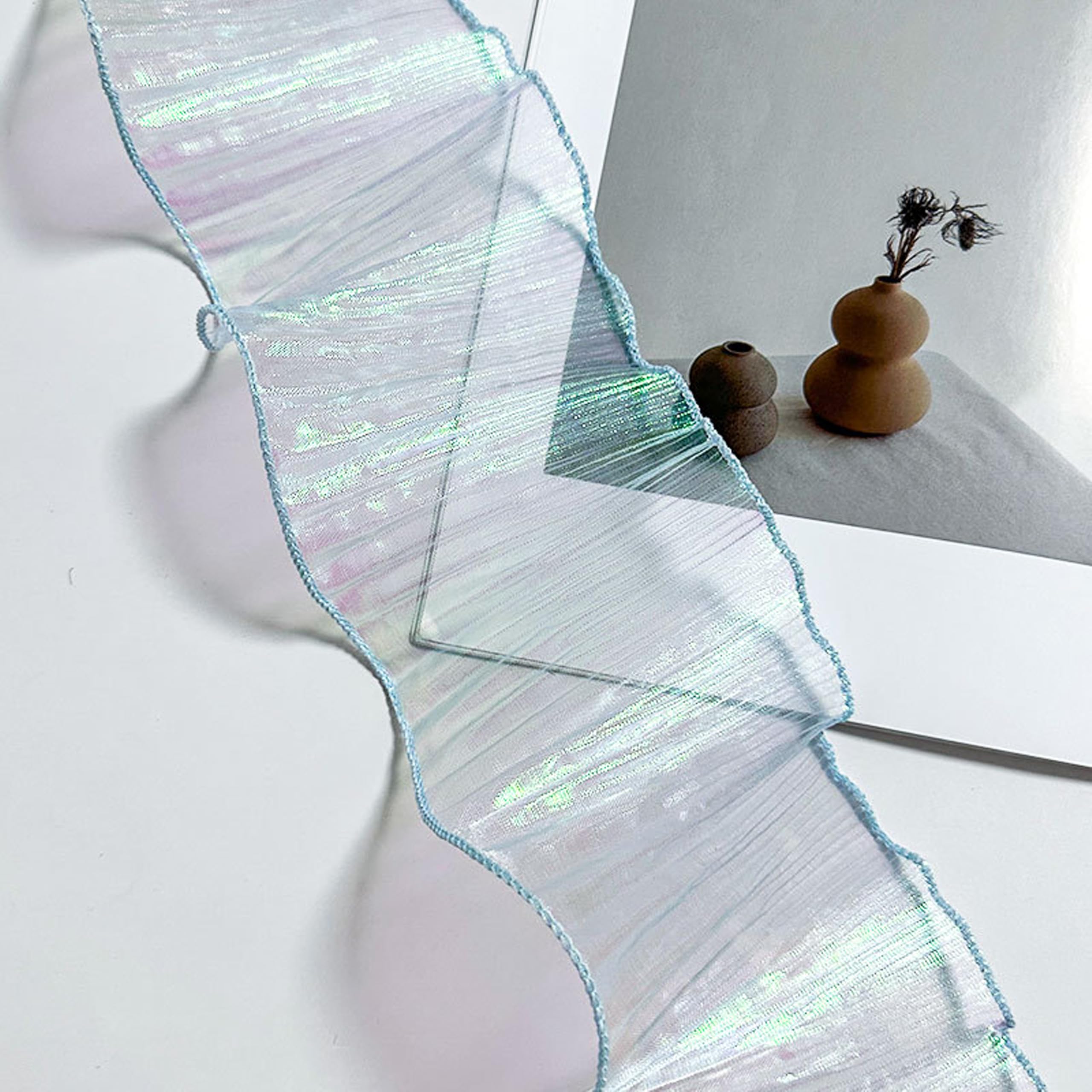 Photo 1 of 10 Yards Ruffle Chiffon Tulle Ribbon, Iridescent Organza Lace Fabric Trim, 4.3inch Wide Chiffon Ribbon for Sewing Dress, Sleeves, Costume Decoration, Trimming Craft (Iridescent Blue)